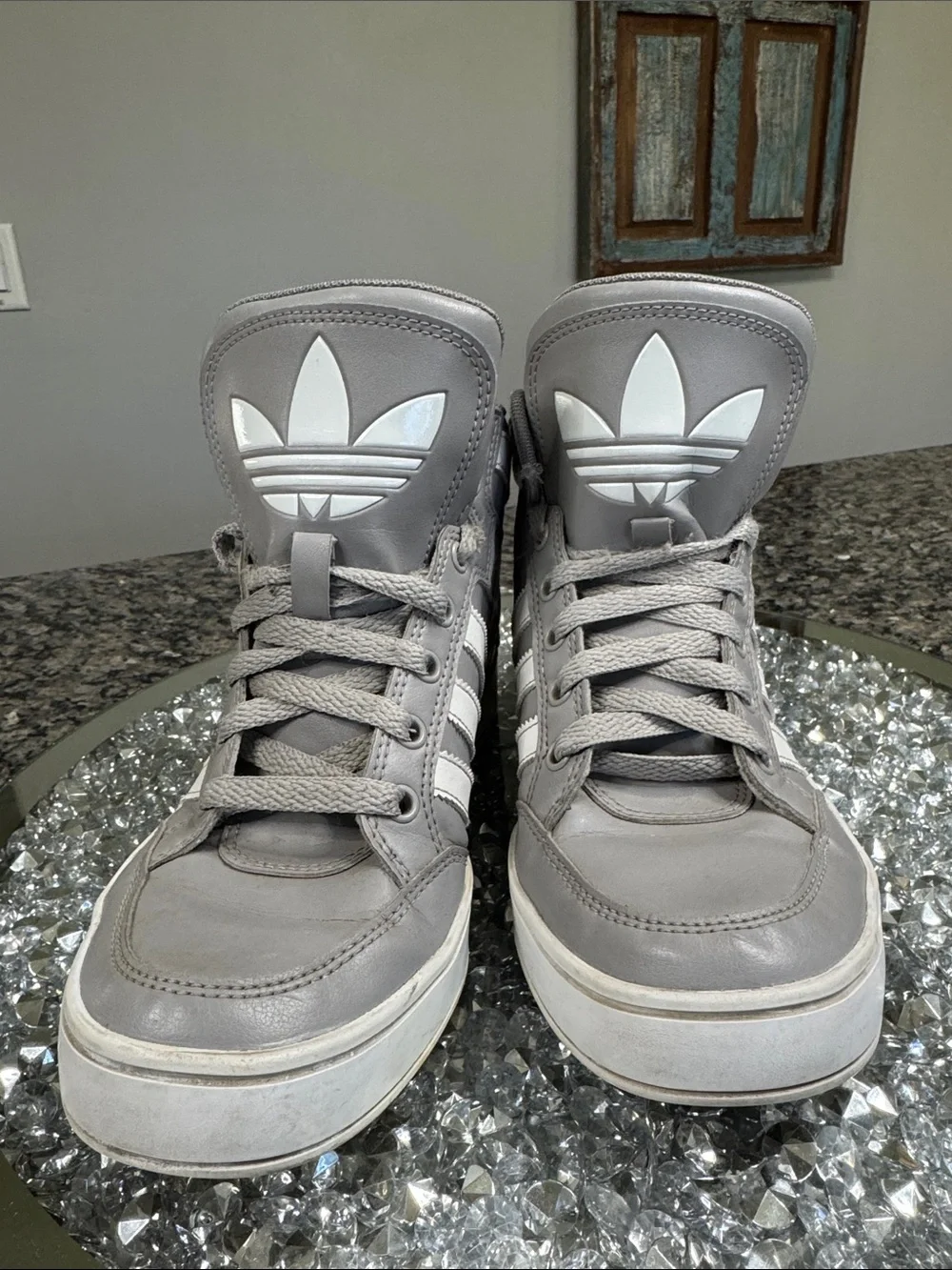 adidas Gray and White high Top Sneakers with Trefoil Logo EUC